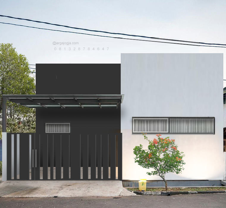 Desain Fasad Kotak Hitam Putih Industrial Rumah 1 Lantai Lahan Sempit