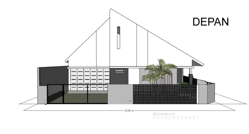 Desain Fasad Tropis Minimalis Segitiga Pagar Roster Lahan Pojok Argajogja