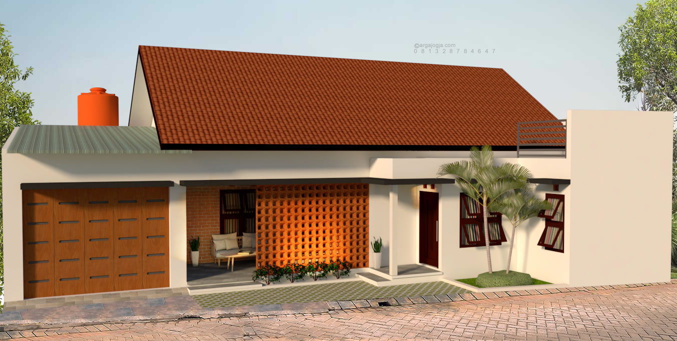 Desain Fasad Rumah Tropis Lahan Melebar Miring 2 Teras