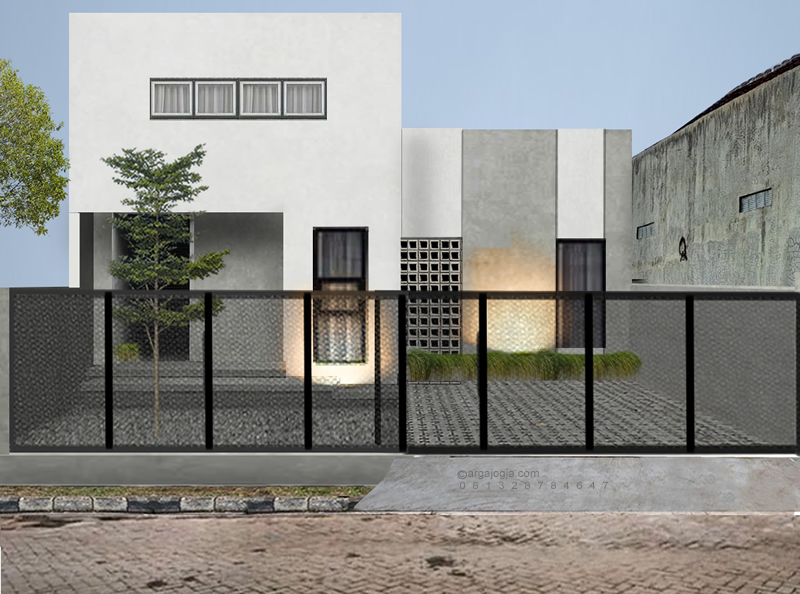 Desain Rumah Industrial Kotak Open Space dengan  Mezanin Depan