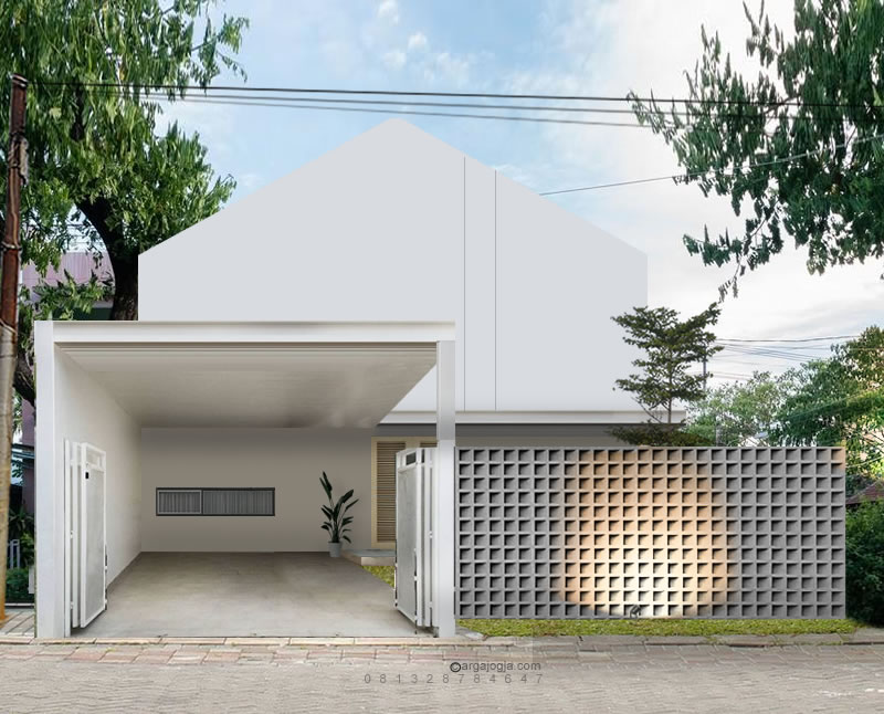 Desain Rumah Modern dengan Fasad Putih, Carport Baja, dan Pagar Roster