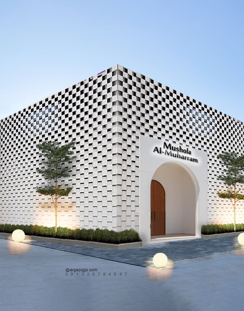 Desain Fasad Mushola Kotak Kecil dengan Dinding Unik Anyaman