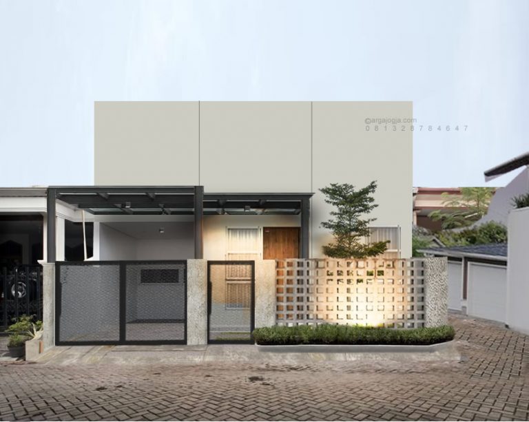 Desain Fasad Industrial Lahan Pojok Pagar Preforated dan Roster – Argajogja