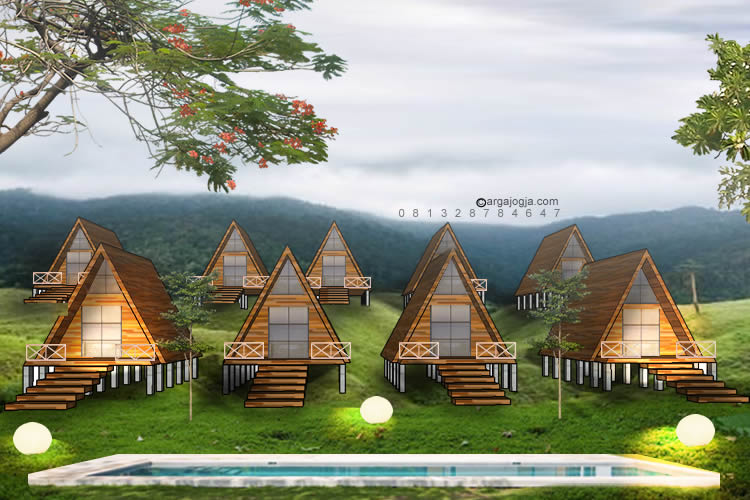 desain 3d villa kayu segitiga