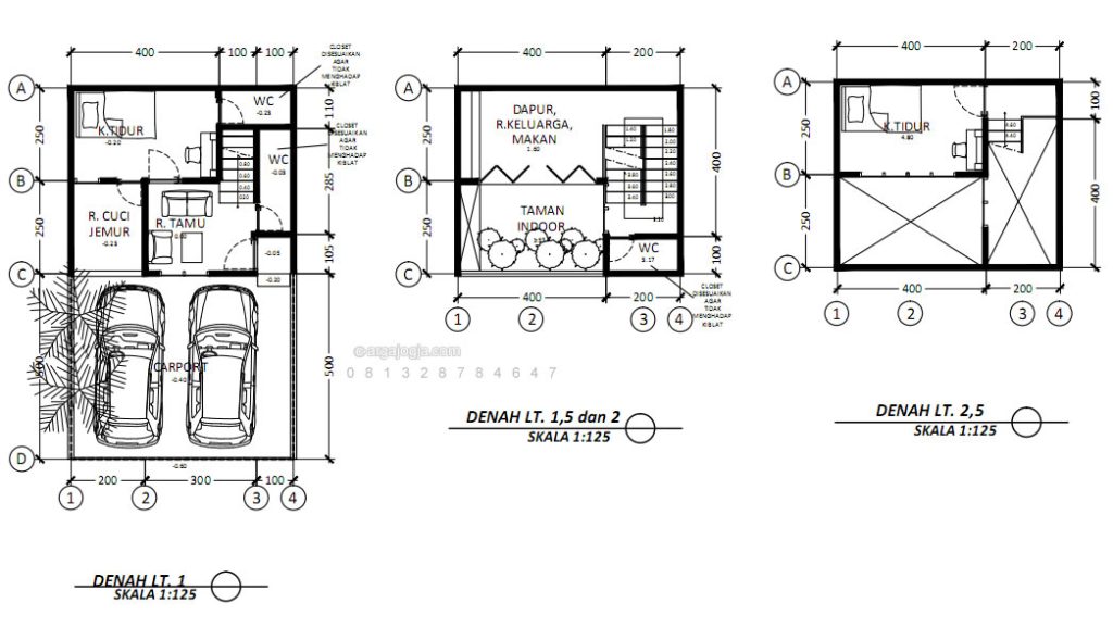 Desain Denah Rumah Split Level Roster Taman Indoor Lebar 6 m