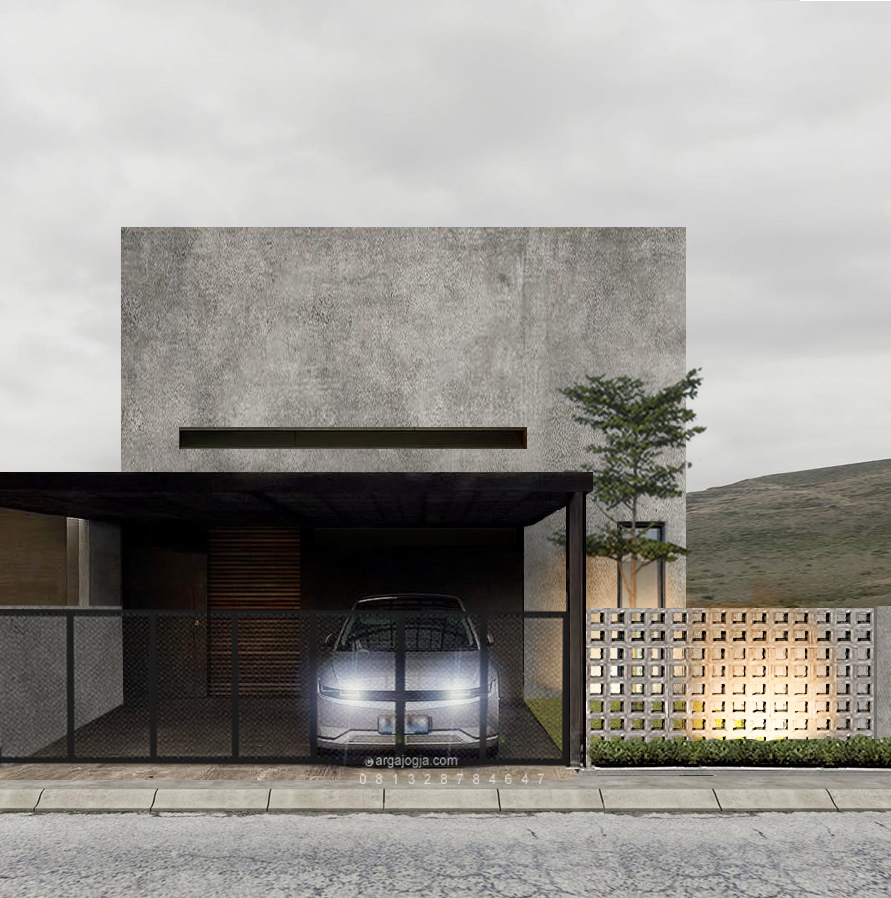 Desain Rumah Fasad Industrial: Keindahan Simplicity dengan Pagar Roster dan Carport untuk Dua Mobil