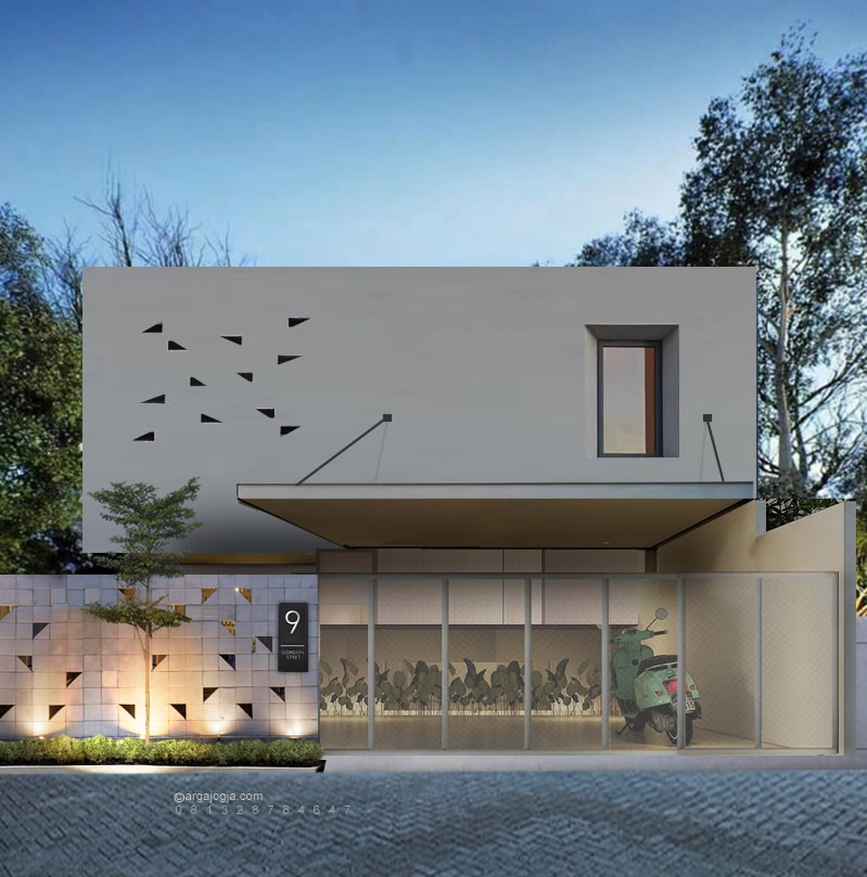 Desain Fasad Rumah Minimalis Putih dengan Pagar Lubang dan Carport Atap Tarik