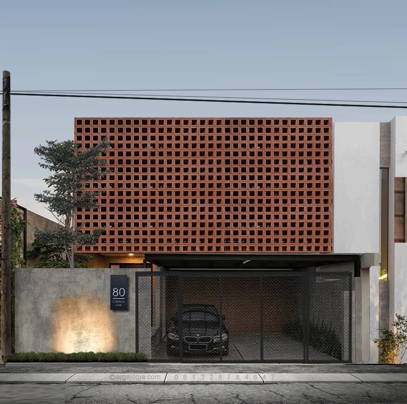 Menggabungkan Kekuatan Desain Fasad: Rumah Industrial Modern dengan Sentuhan Minimalis Bata Roster Lubang-Lubang