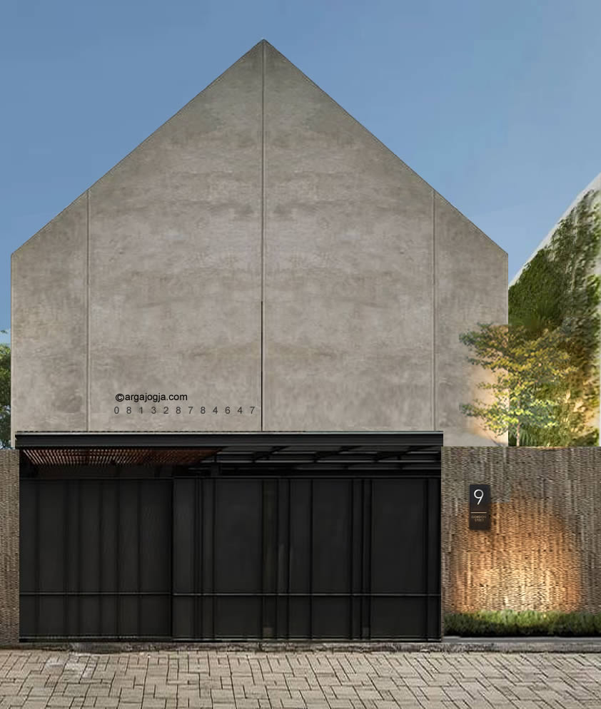Desain Fasad Industrial Scandinavian dengan Pagar Tinggi Modern Minimalis