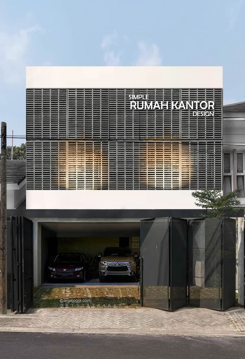 Desain Fasad Rumah Kantor Simpel Industrial dengan Pagar Lipat Rangka Baja