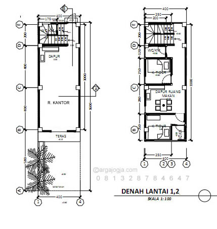 denah fasad rumah kantor kecil 2 lantai